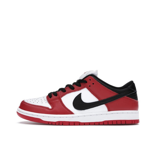 Nike SB Dunk Low Pro J Pack Chicago sneakers, side view, model BQ6817-600 in red and white with black accents.
