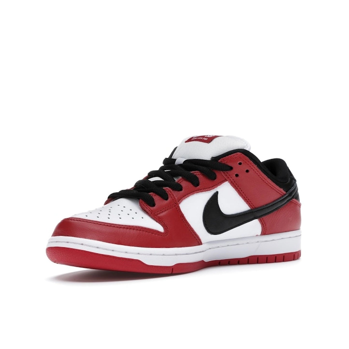 Nike SB Dunk Low Pro J Pack Chicago sneakers, front view, model BQ6817-600 in red and white with black accents.
