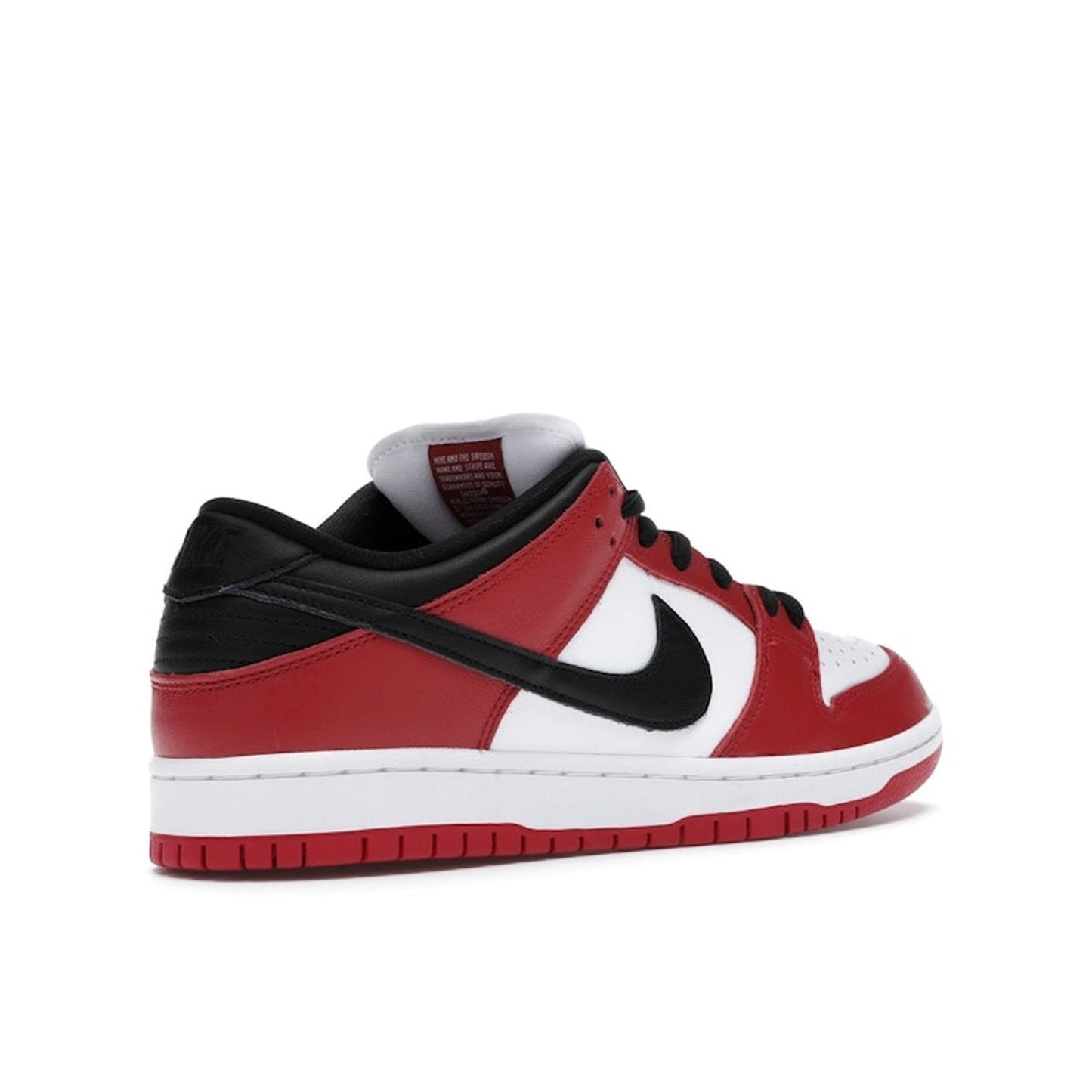 Nike SB Dunk Low Pro J Pack Chicago sneakers, back view, model BQ6817-600 in red and white with black accents.