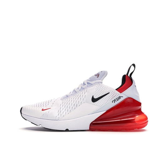 Nike Air Max 270, side view, in white mesh with black accents and red Air unit.