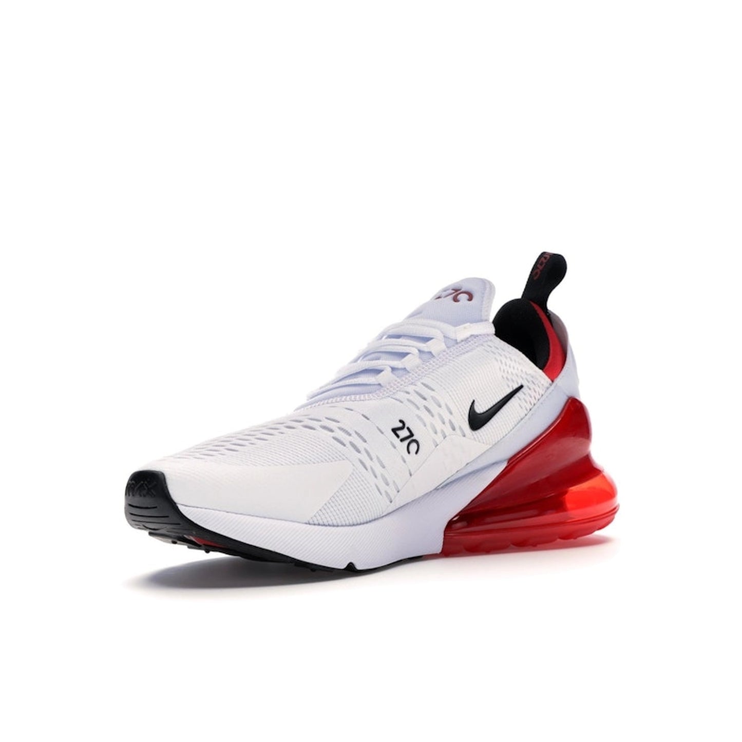 Nike Air Max 270, front view, in white mesh with black accents and red Air unit.