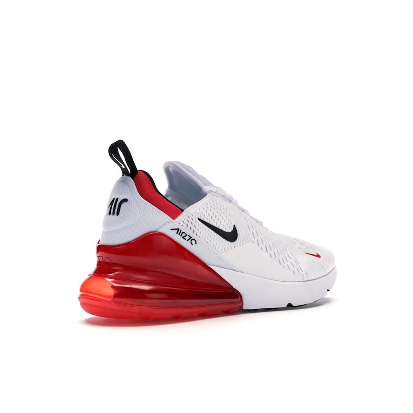 Nike Air Max 270, back view, in white mesh with black accents and red Air unit.