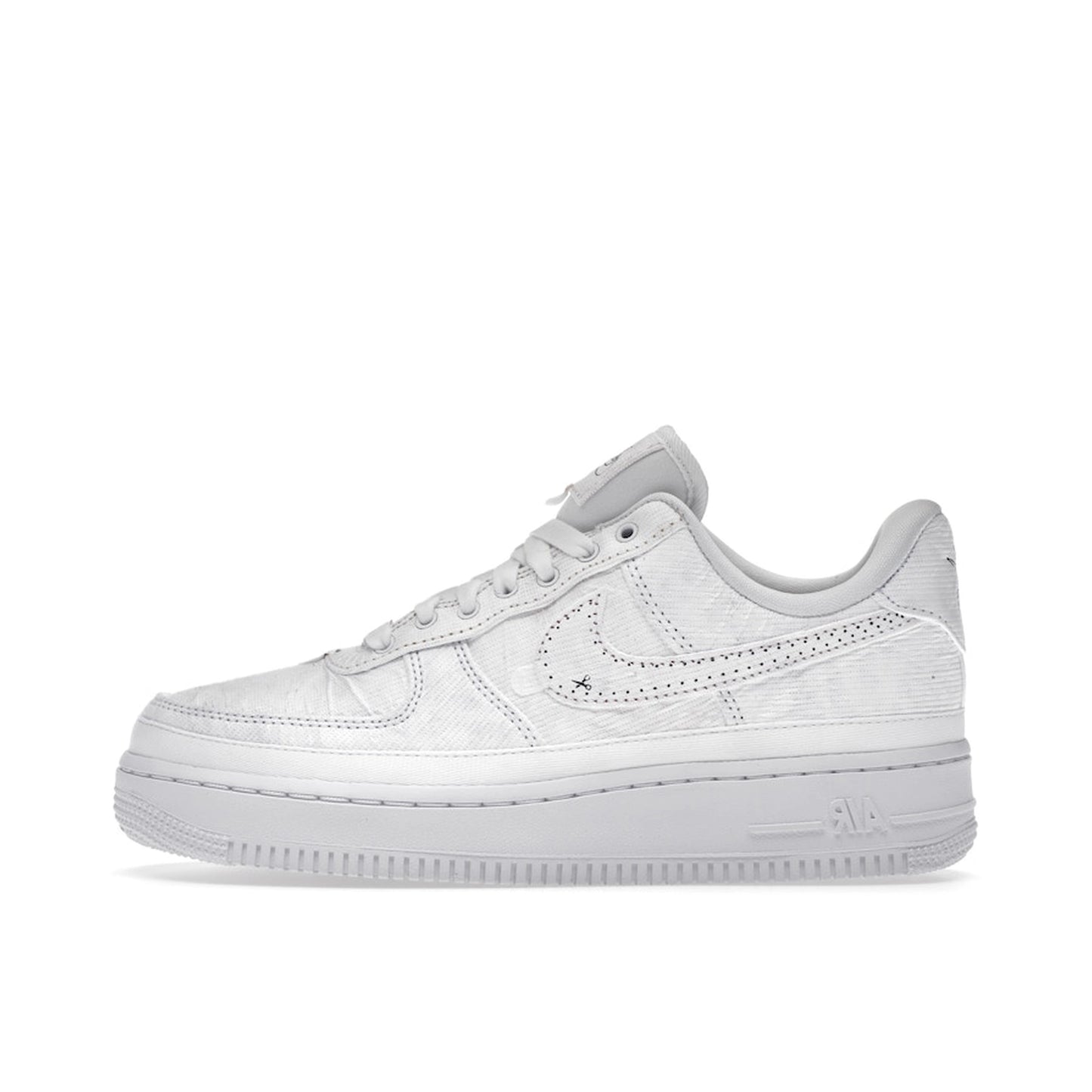 Nike Air Force 1 LX Tear Away Women's sneakers, side view, model CJ1650-101, in white with red tear-away swoosh.