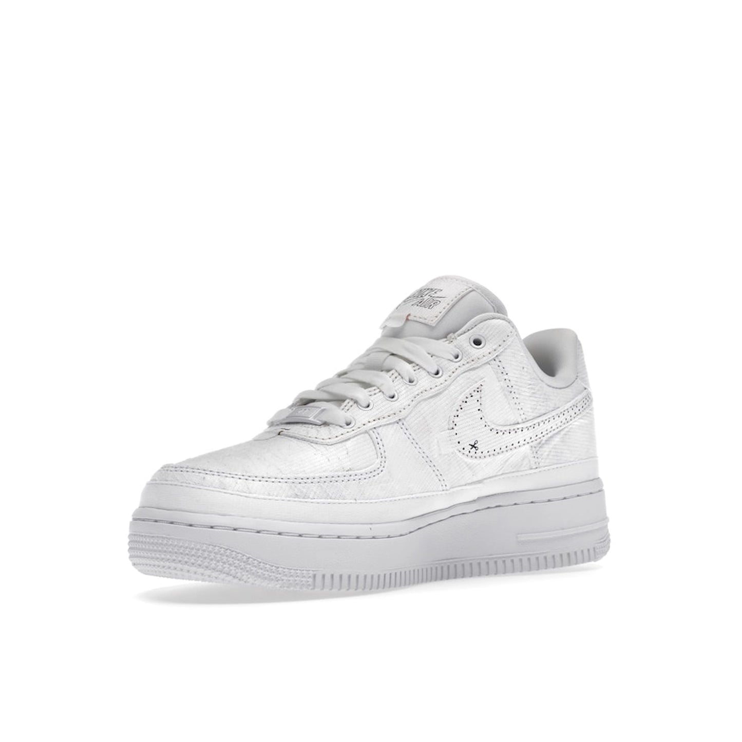 Nike Air Force 1 LX Tear Away Women's sneakers, front view, model CJ1650-101, in white with red tear-away swoosh.