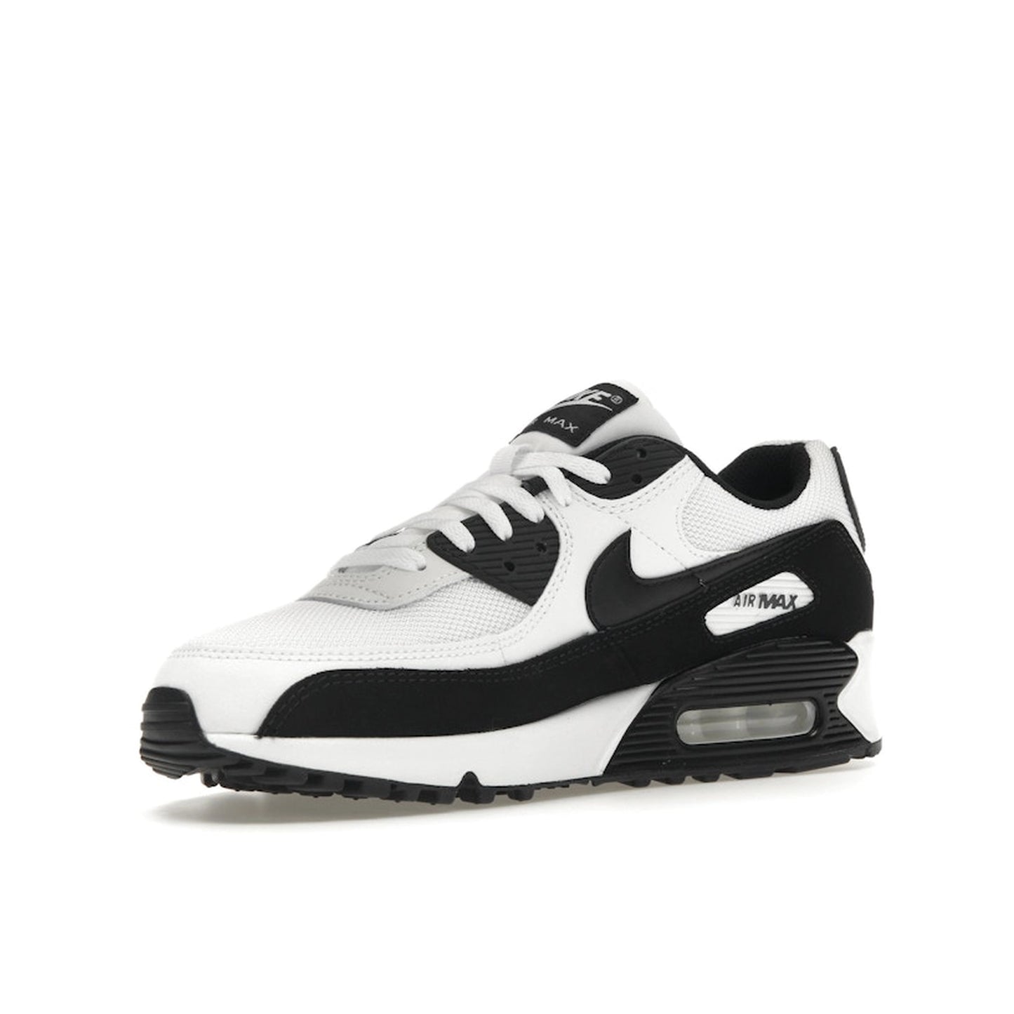 Nike Air Max 90, front view, in black and white with classic panda colorway.
