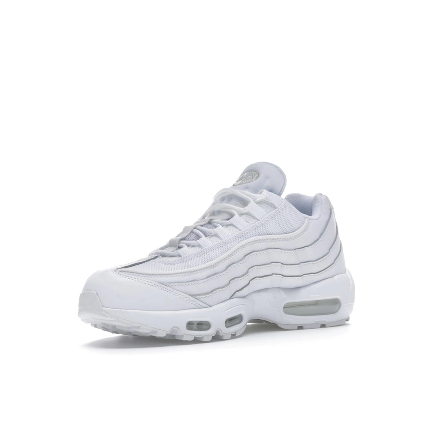 Nike Air Max 95 Essential, front view, in clean white with grey fog gradient details.