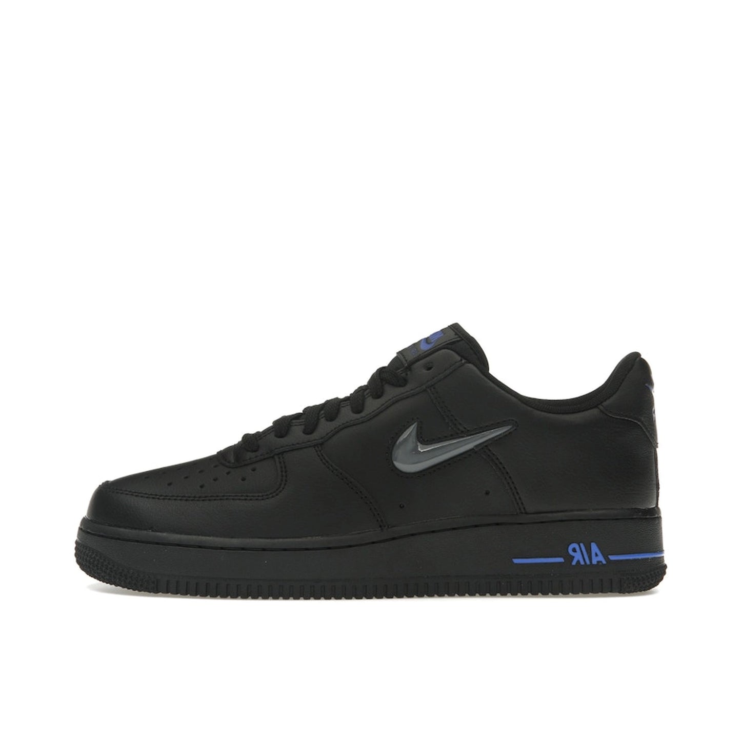 Nike Air Force 1 Low sneakers, side view, in black with jewel swoosh in grey and royal blue.