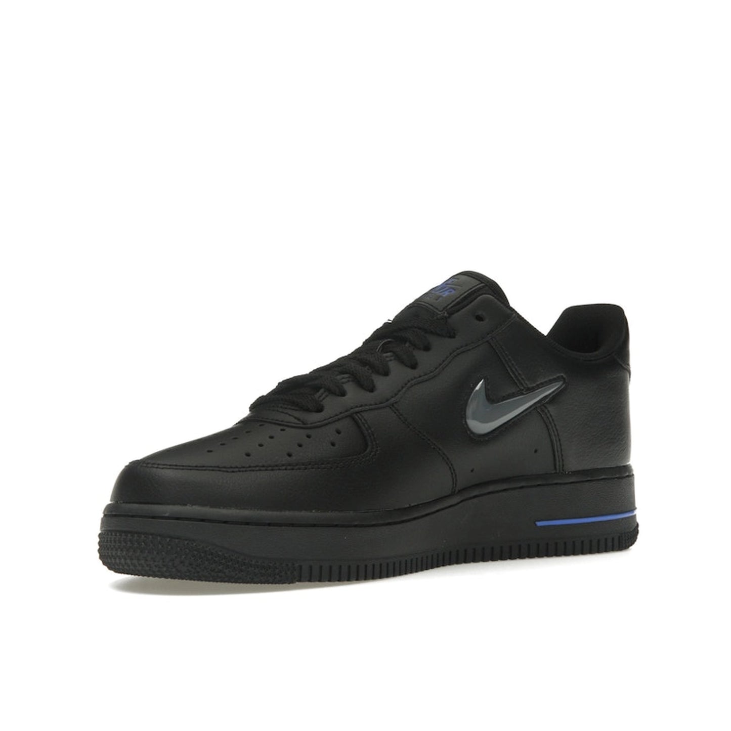 Nike Air Force 1 Low sneakers, front view, in black with jewel swoosh in grey and royal blue.