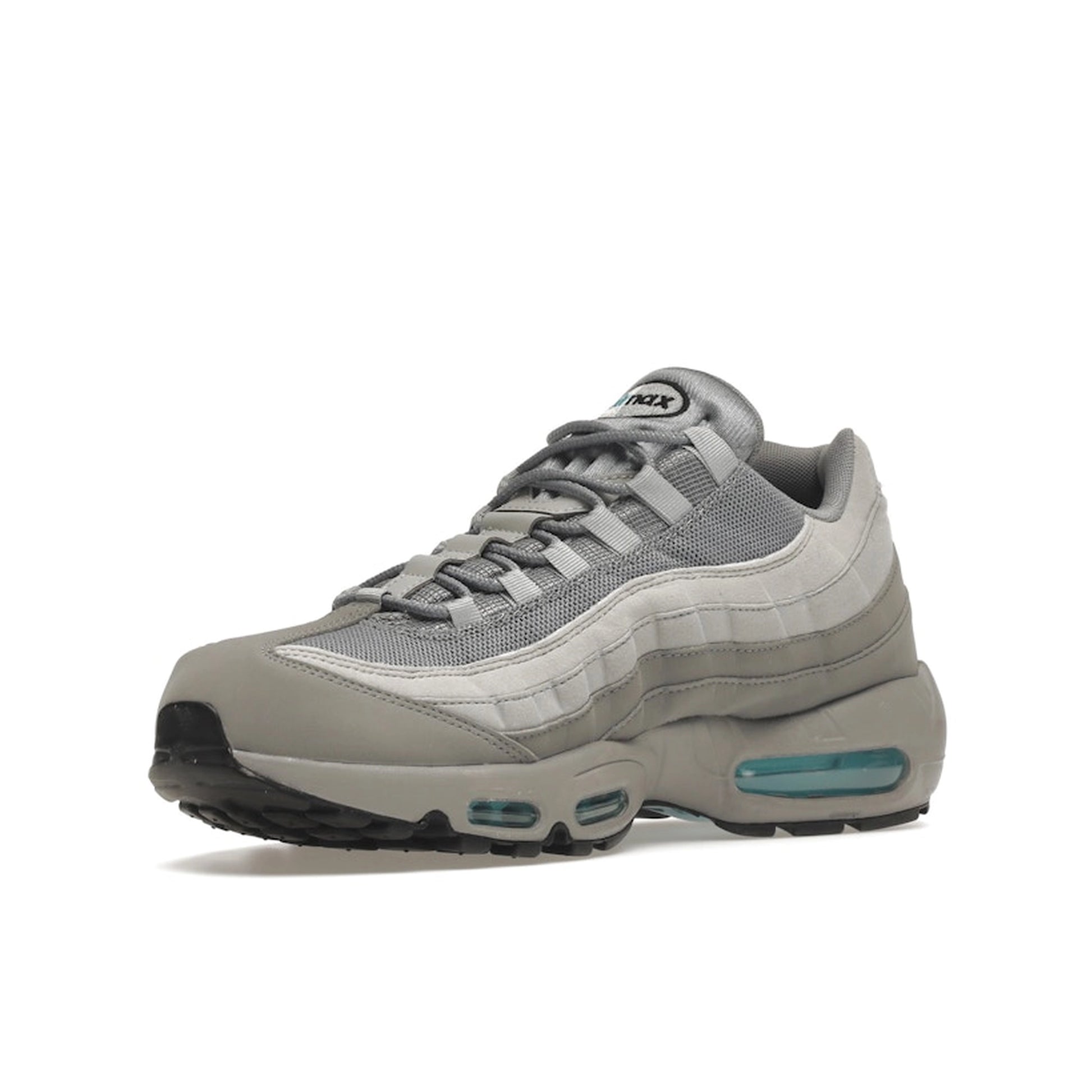 Nike Air Max 95 Retro Logo, front view, in layered grey tones with aqua blue accents.