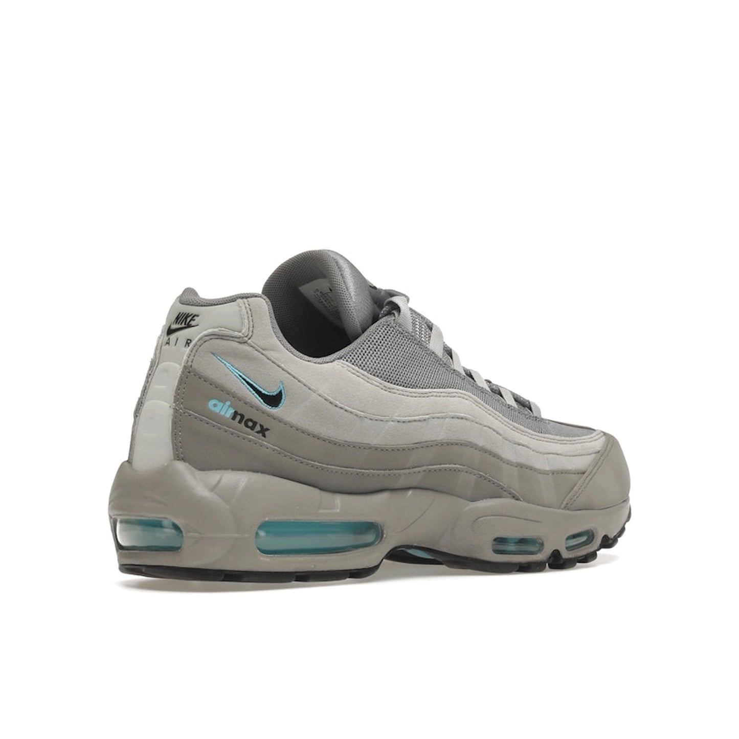 Nike Air Max 95 Retro Logo, back view, in layered grey tones with aqua blue accents.