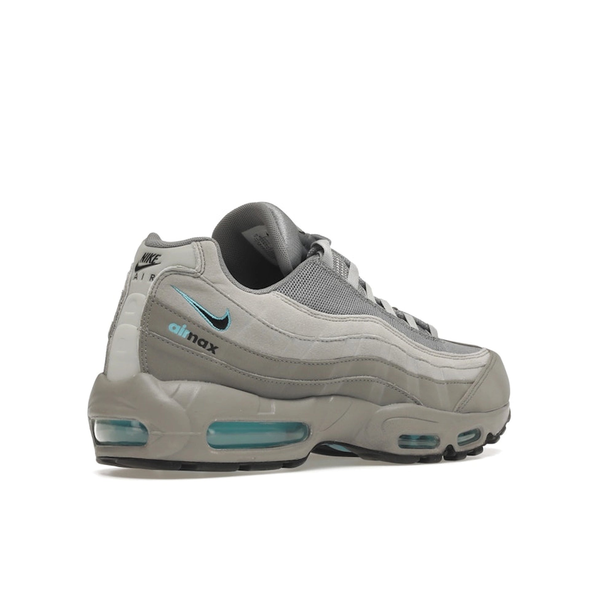 Nike Air Max 95 Retro Logo, back view, in layered grey tones with aqua blue accents.