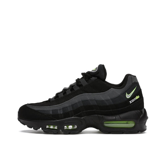 Nike Air Max 95 Retro Logo, side view, in layered black and grey with volt details.