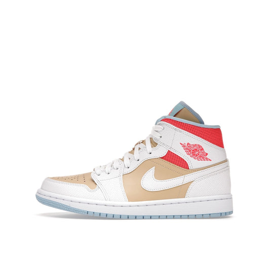 Air Jordan 1 Mid SE Women’s sneakers, side view, in sesame with white and blue accents.