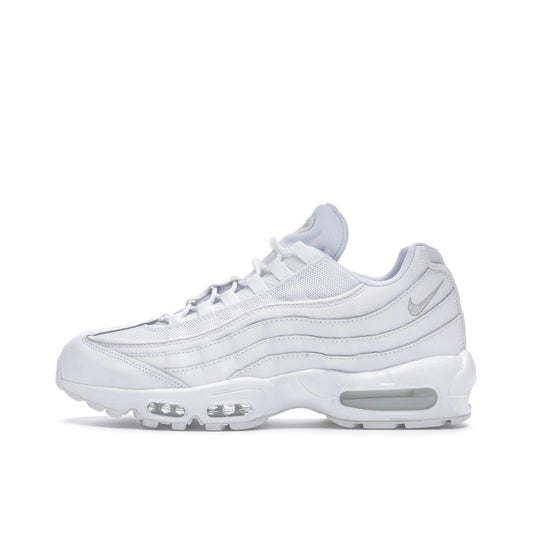 Nike Air Max 95 Essential, side view, in clean white with grey fog gradient details.
