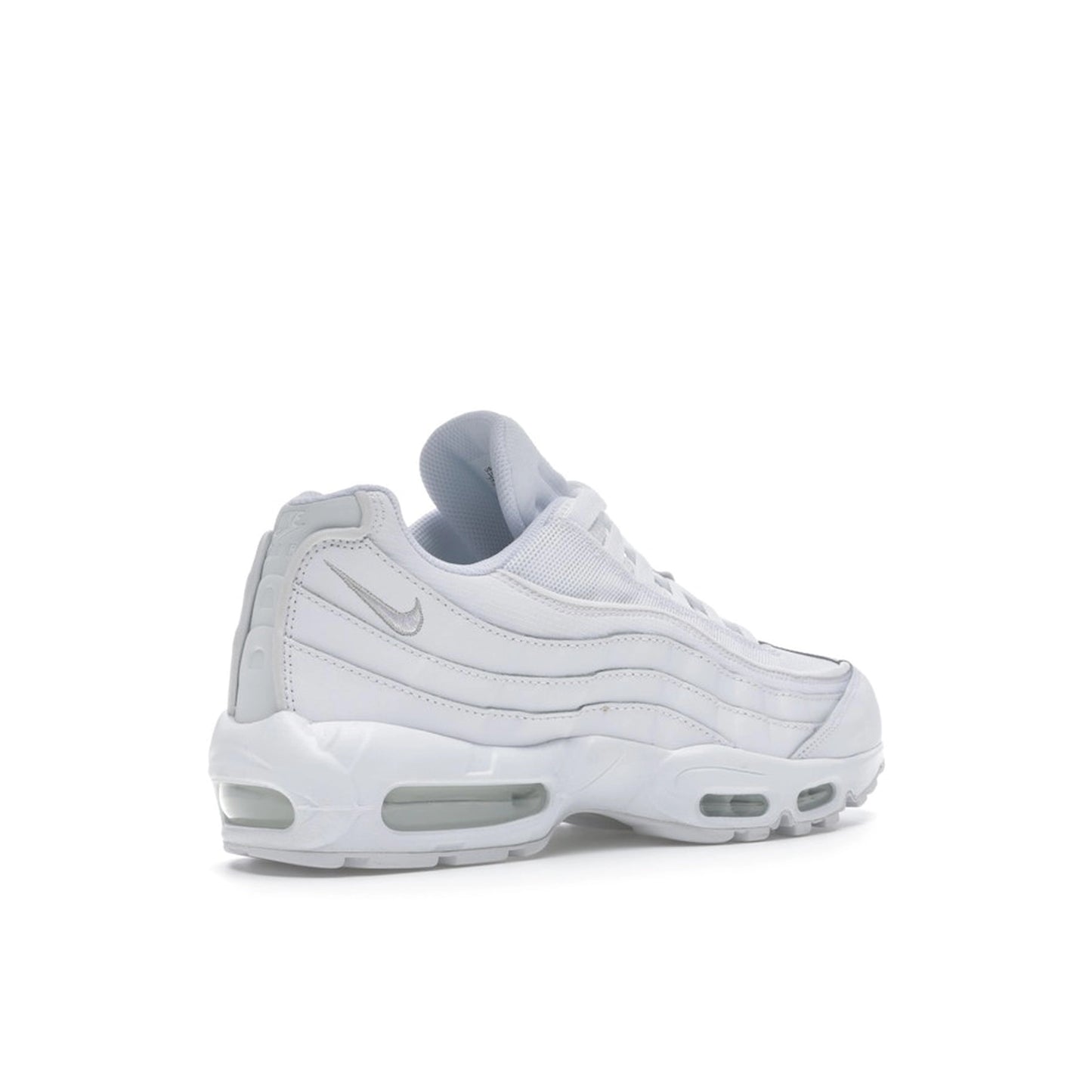 Nike Air Max 95 Essential, back view, in clean white with grey fog gradient details.