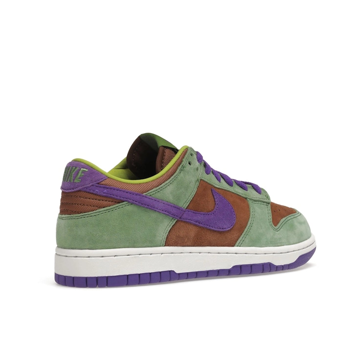 Nike Dunk Low Veneer 2020-2024 sneakers, back view, model DA1469-200 in brown, green, and purple.