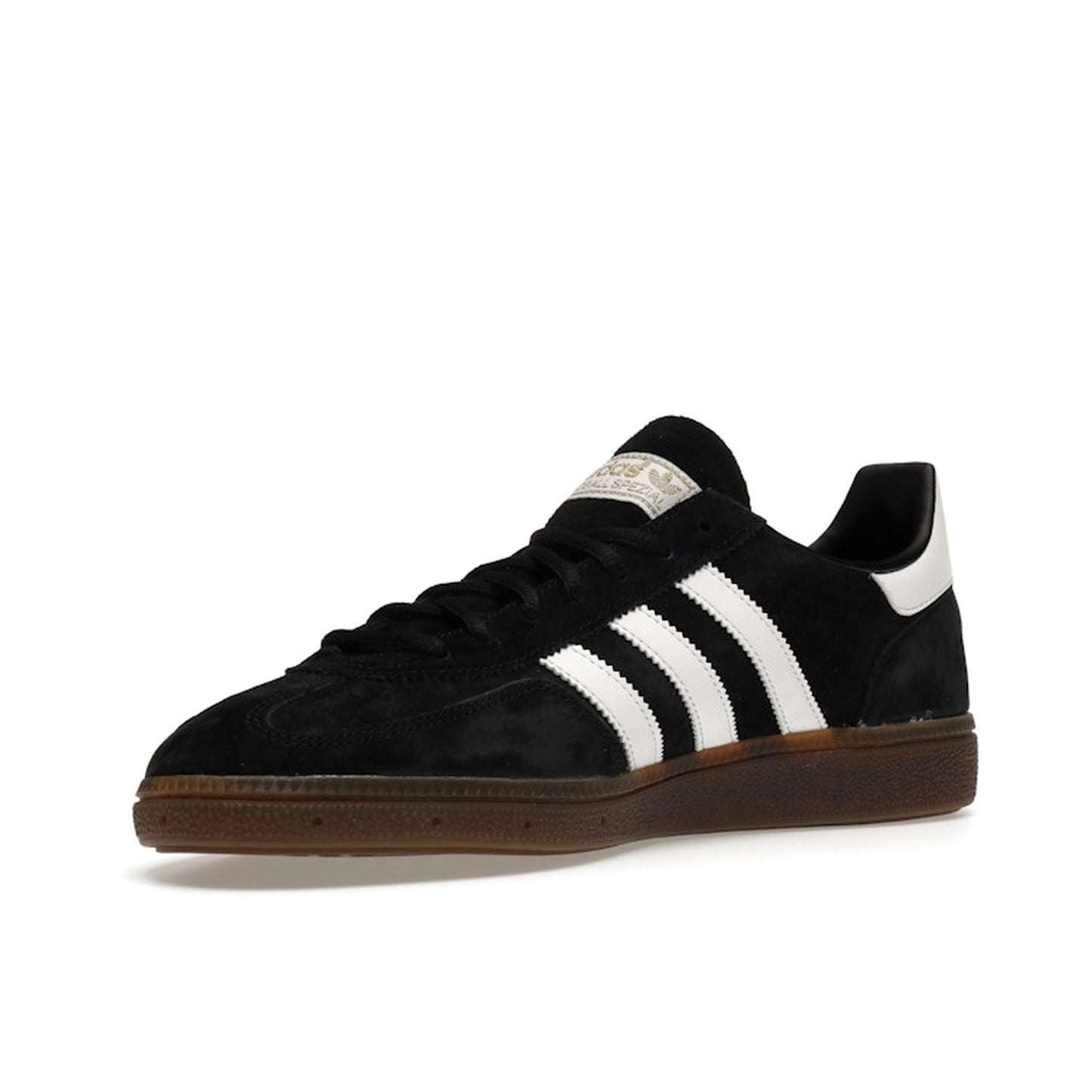 Adidas Handball Spezial sneakers, front view, model DB3021, black with gum sole.