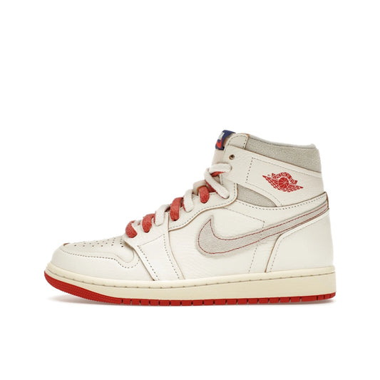 Jordan 1 Retro High Rare Air Sail Cinnabar, side view, with white leather upper and red accents.
