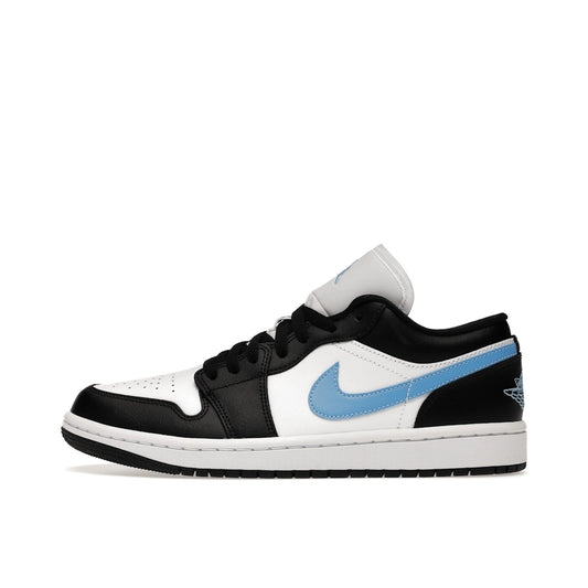 Jordan 1 Low Women’s sneakers, side view, in black with university blue and white accents.