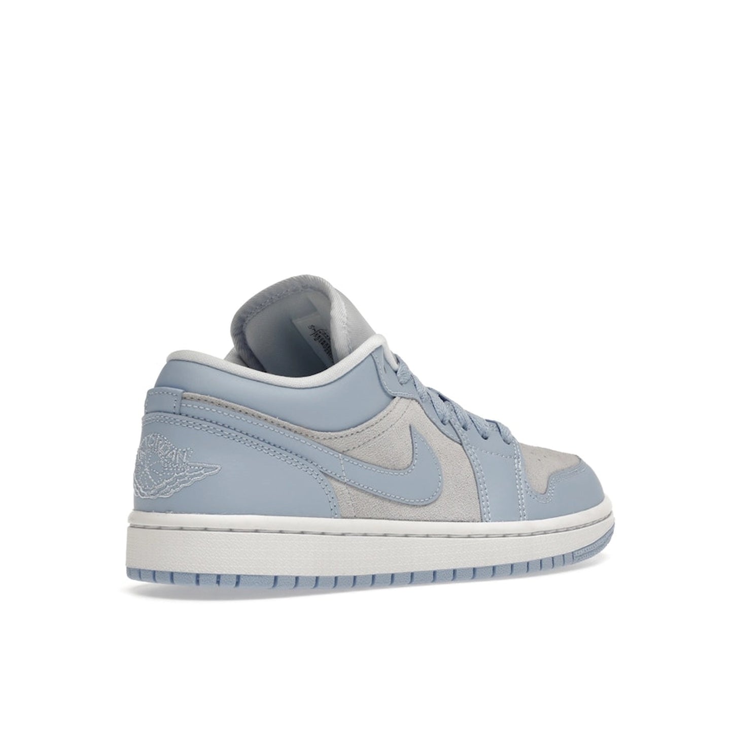 Jordan 1 Low, back view, in football grey with contrasting aluminum tones.