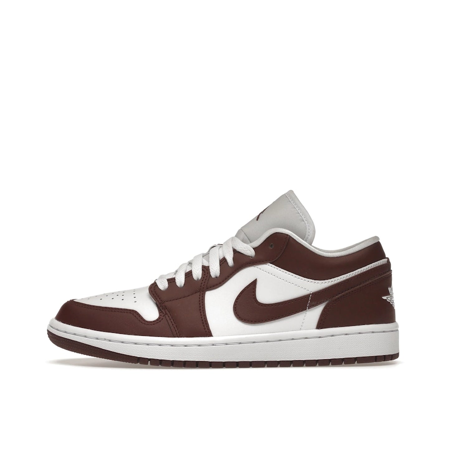 Jordan 1 Low Team Red Women’s sneakers, side view, in white with team red overlays.