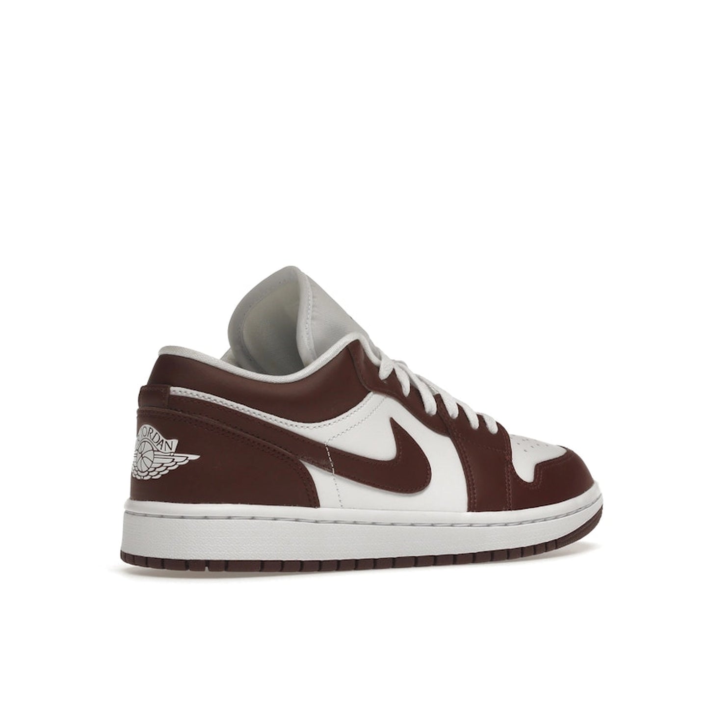 Jordan 1 Low Team Red Women’s sneakers, back view, in white with team red overlays.