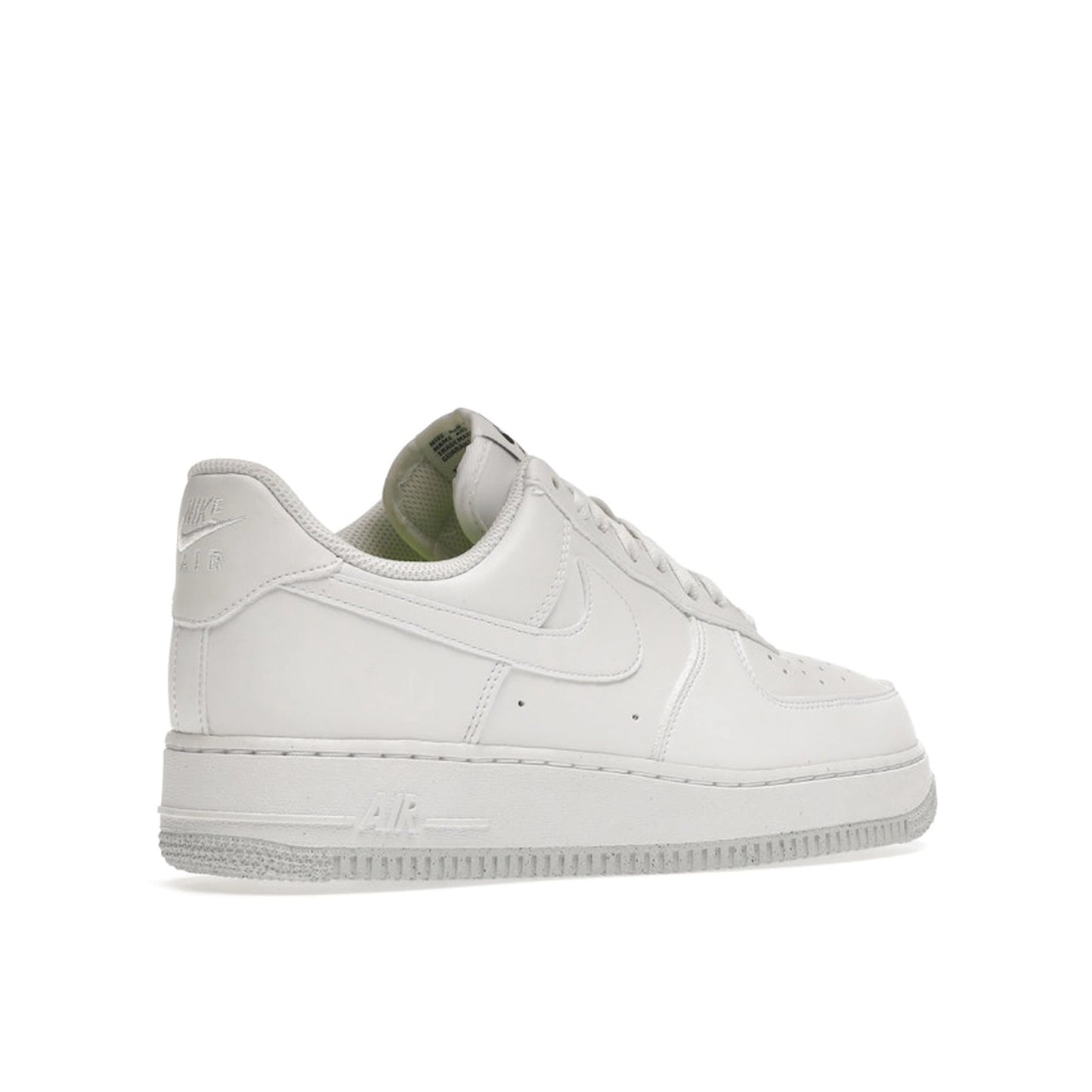 Nike Air Force 1 Low Next Nature Women's sneakers, back view, model DC9486-101, in white with metallic grey details.