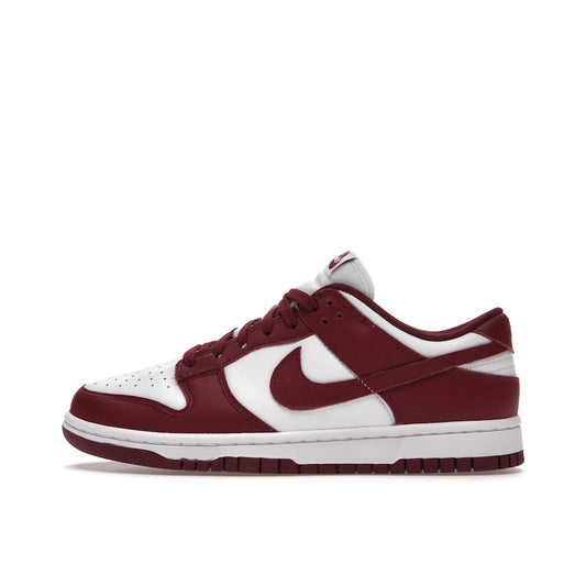 Nike Dunk Low Bordeaux Women’s sneakers, side view, in white and burgundy leather.