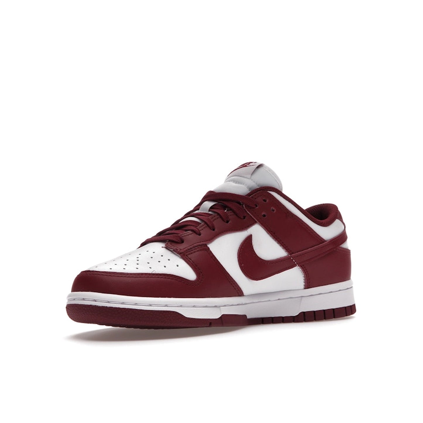 Nike Dunk Low Bordeaux Women’s sneakers, front view, in white and burgundy leather.
