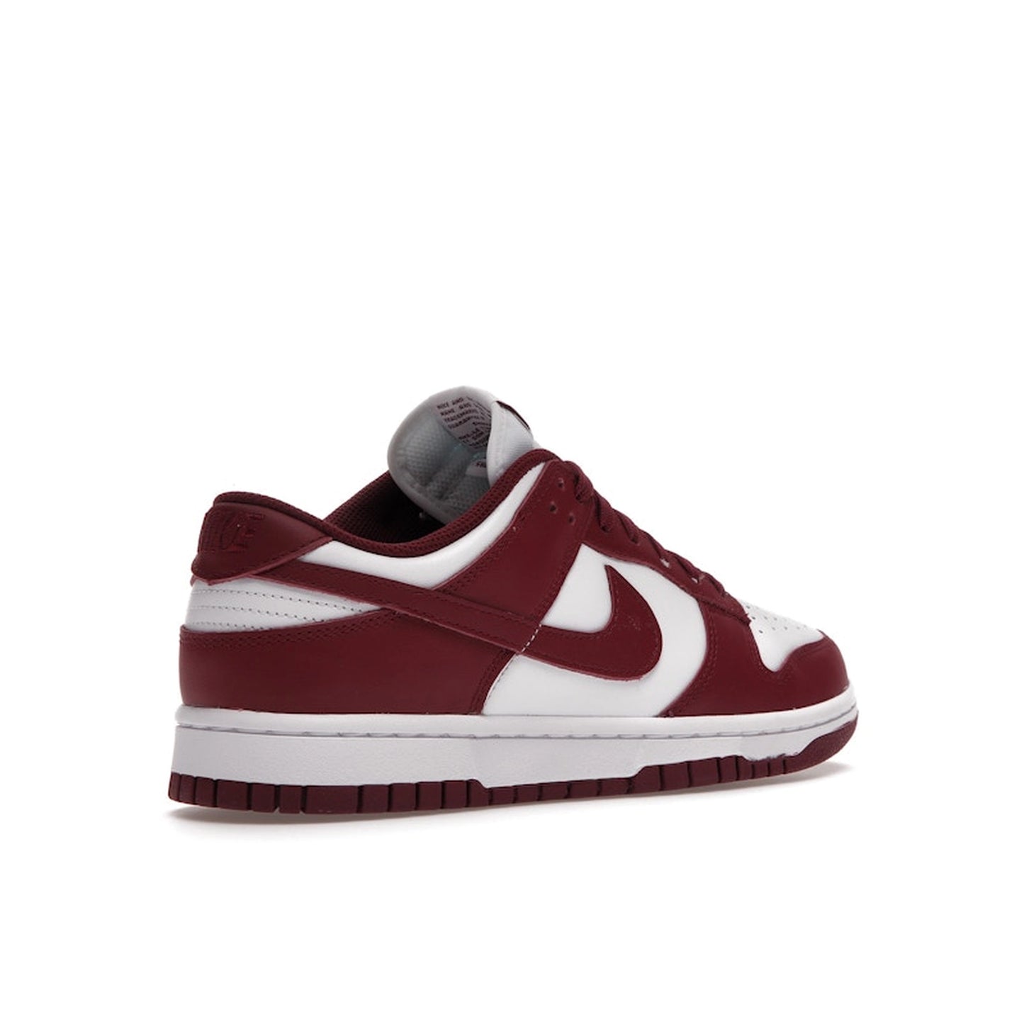 Nike Dunk Low Bordeaux Women’s sneakers, back view, in white and burgundy leather.