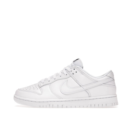 Nike Dunk Low Triple White (2021) Women's sneakers, side view, model DD1503-109, in triple white.