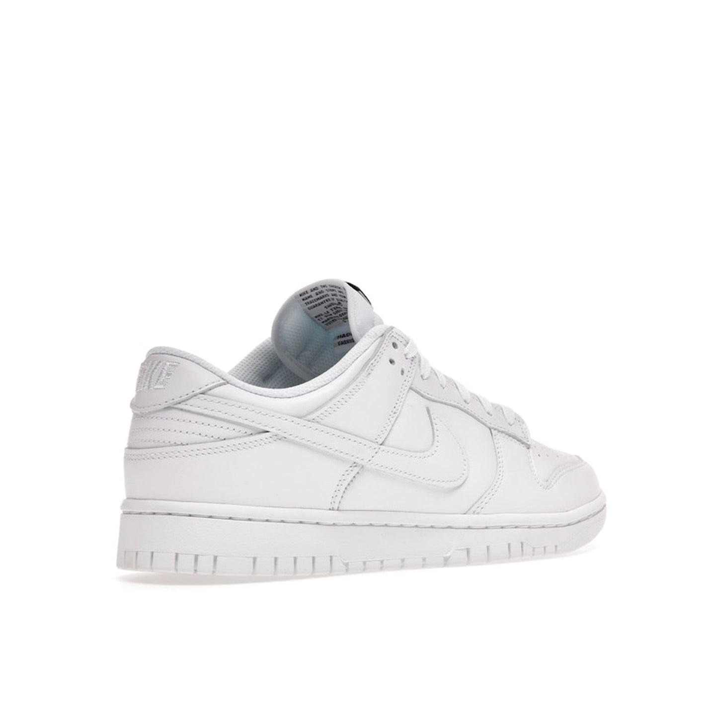 Nike Dunk Low Triple White (2021) Women's sneakers, back view, model DD1503-109, in triple white.