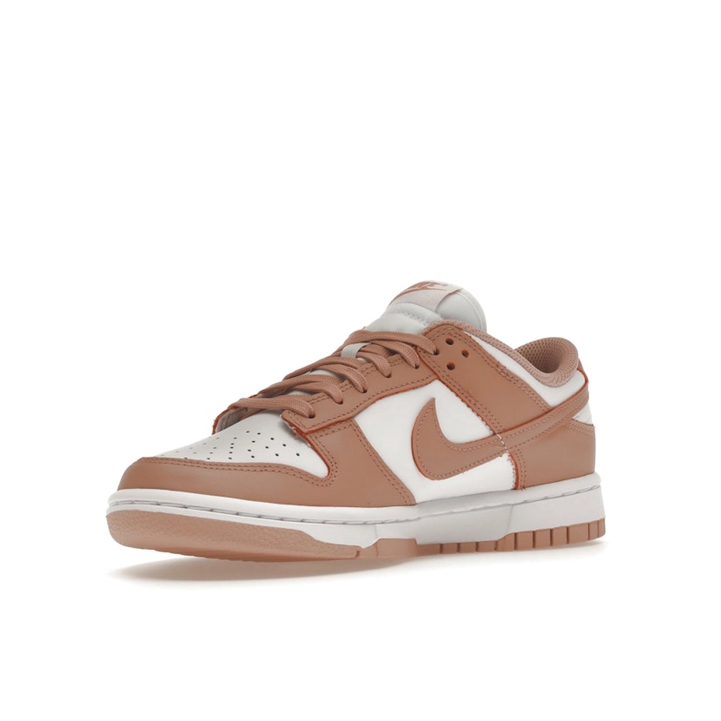 Nike Dunk Low Rose Whisper Women’s sneakers, front view, in white with soft pink overlays.