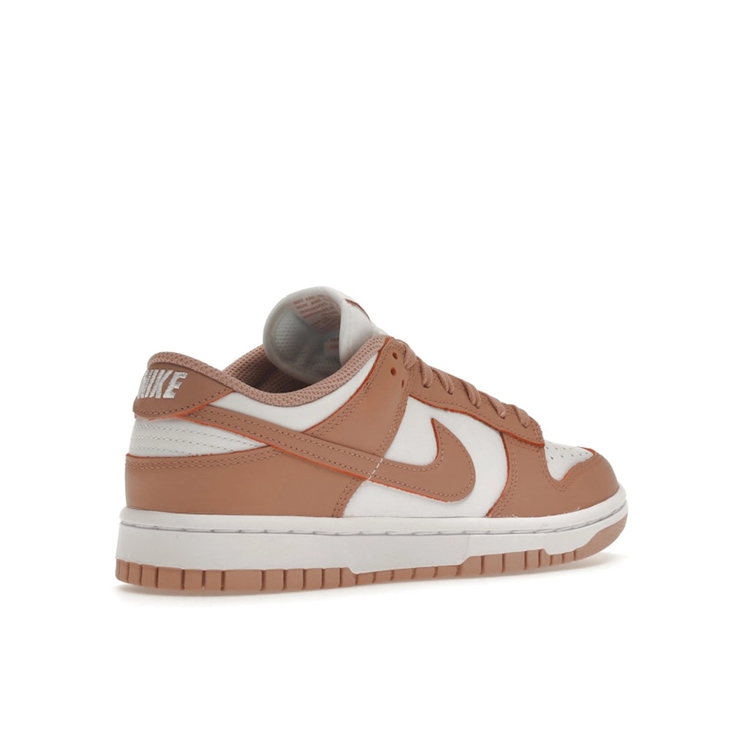 Nike Dunk Low Rose Whisper Women’s sneakers, back view, in white with soft pink overlays.