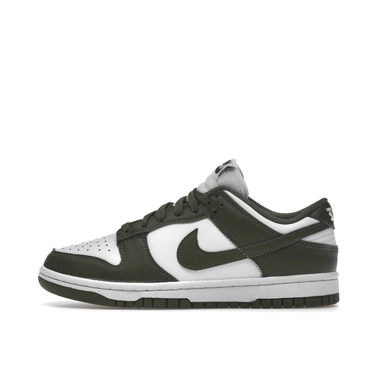Nike Dunk Low Women's sneakers, side view, model DD1503-120 in medium olive with white details.