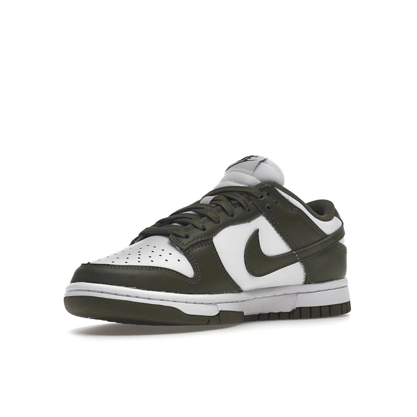 Nike Dunk Low Women's sneakers, front view, model DD1503-120 in medium olive with white details.