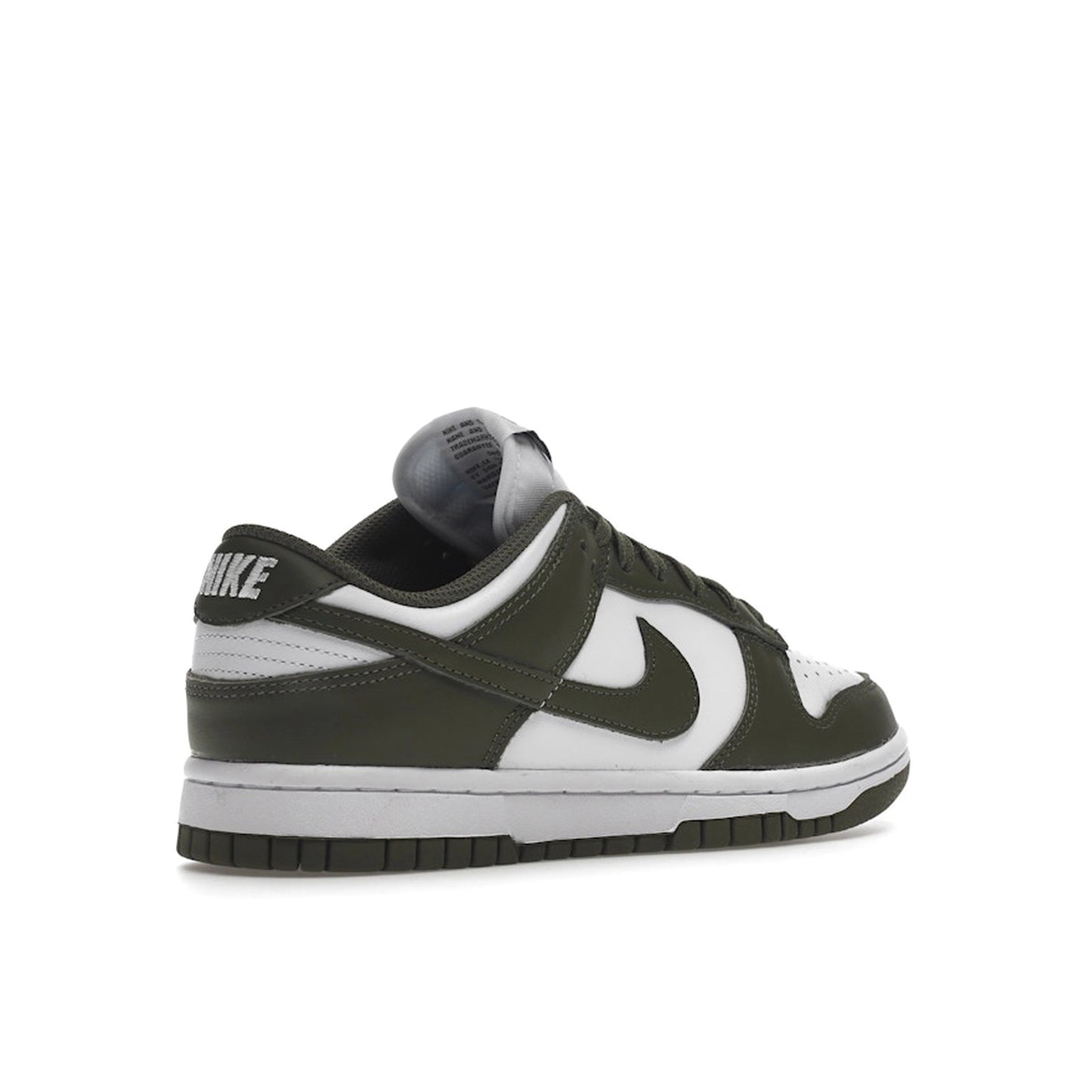 Nike Dunk Low Women's sneakers, back view, model DD1503-120 in medium olive with white details.