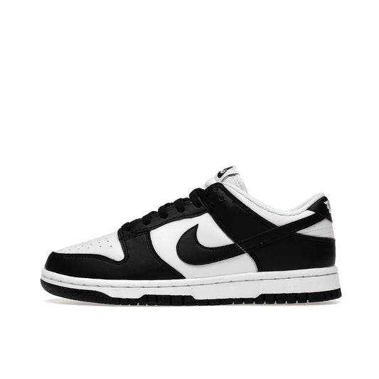 Nike Dunk Low Next Nature Panda, side view, in black and white with eco-conscious materials.