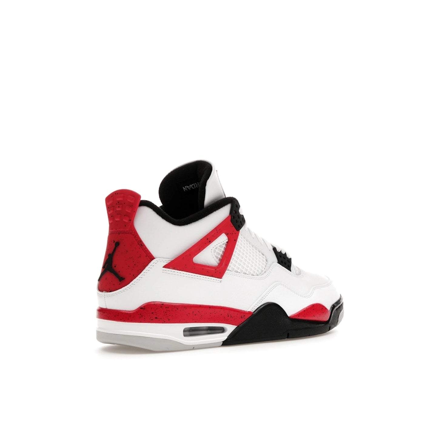 Air Jordan 4 Retro Red Cement sneakers, back view, model DH6927-161, featuring a white base with red and black highlights.