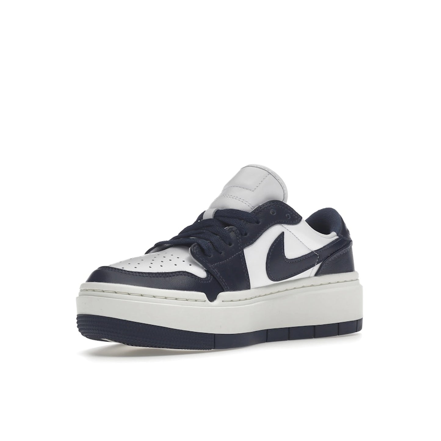 Jordan 1 Elevate Low Women’s sneakers, front view, in midnight navy and white.