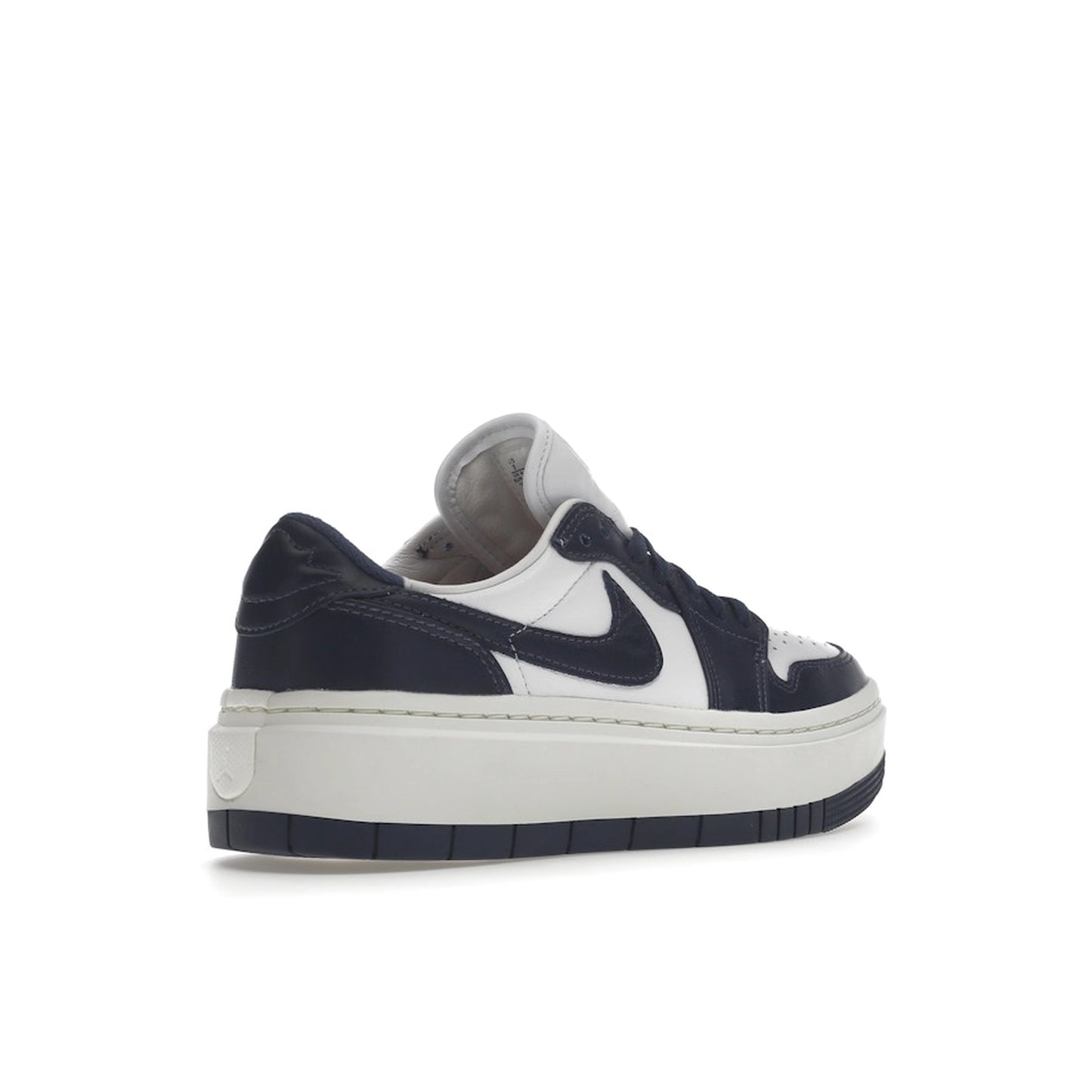 Jordan 1 Elevate Low Women’s sneakers, back view, in midnight navy and white.