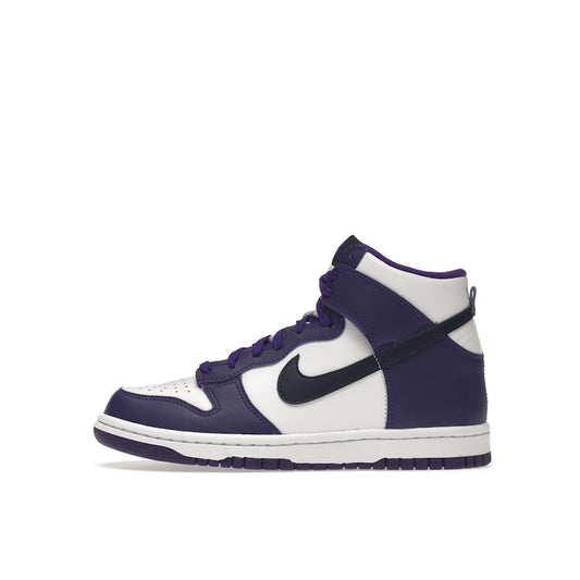 Nike Dunk High GS sneakers, side view, in white with midnight navy and electro purple accents.