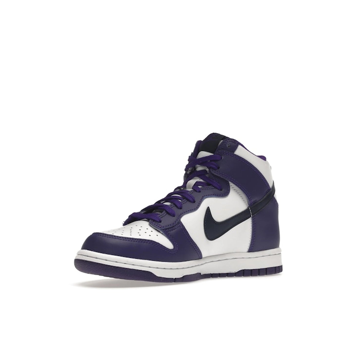 Nike Dunk High GS sneakers, front view, in white with midnight navy and electro purple accents.