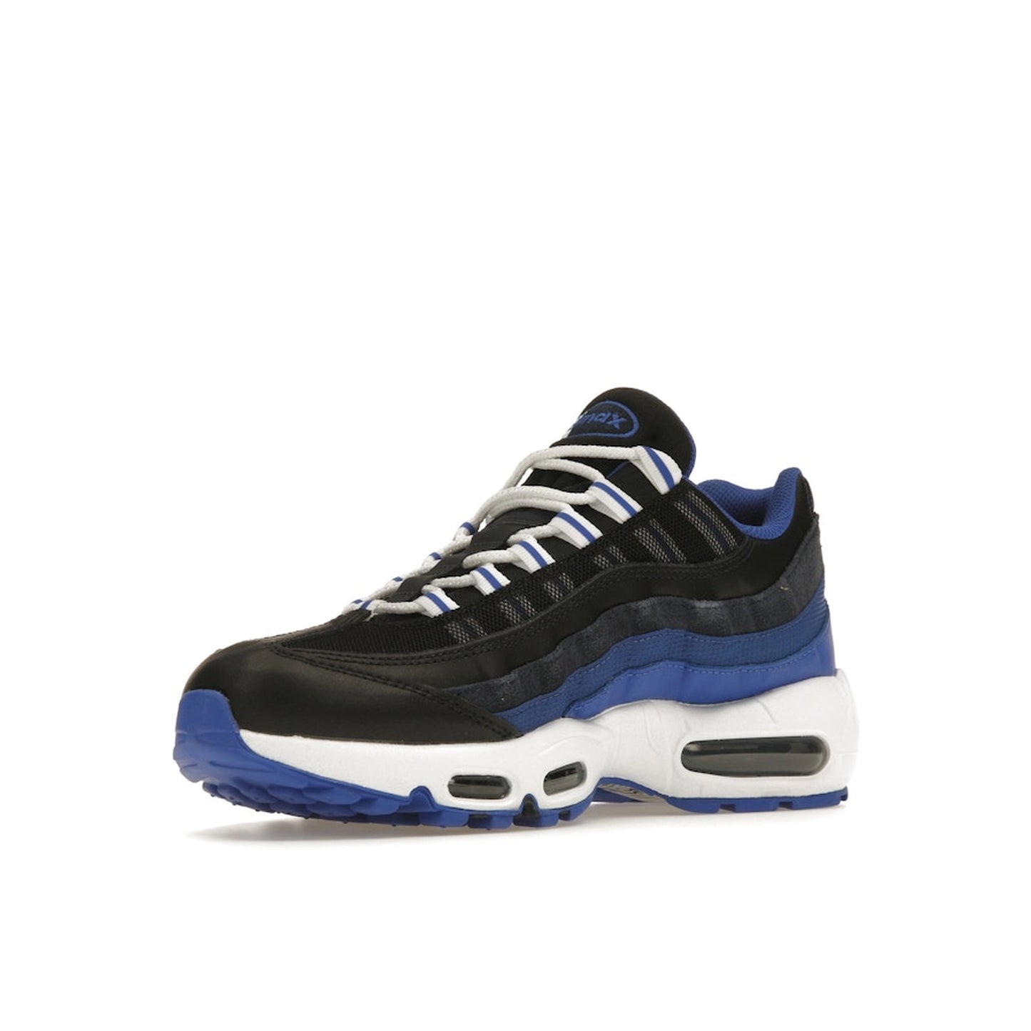 Nike Air Max 95 sneakers, front view, in black with team royal blue details.