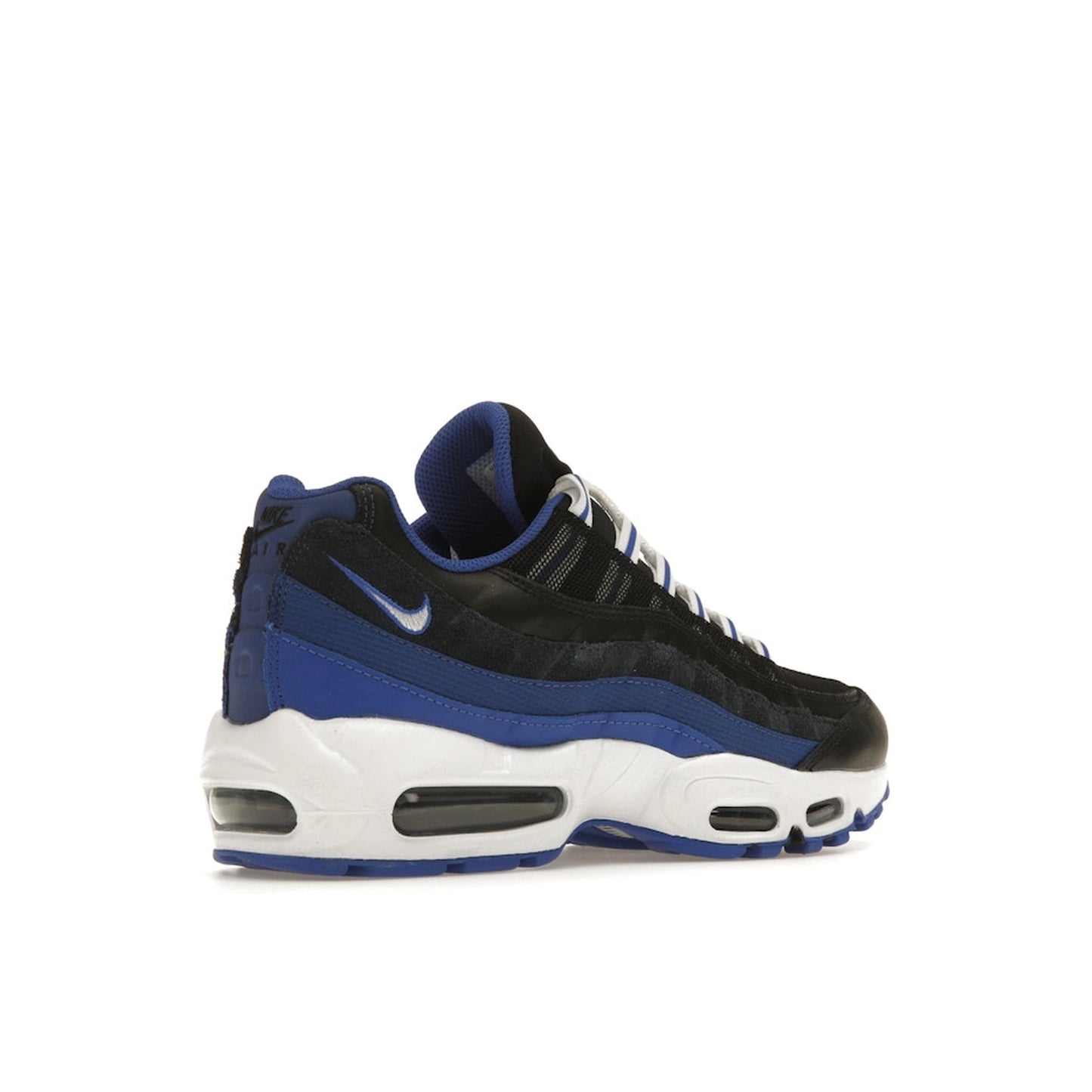 Nike Air Max 95 sneakers, back view, in black with team royal blue details.