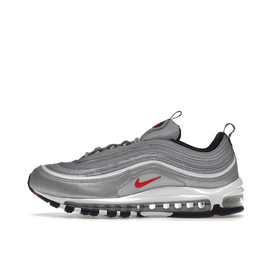 Nike Air Max 97 OG Silver Bullet 2022 sneakers, side view, model DM0028-002 in silver and red.
