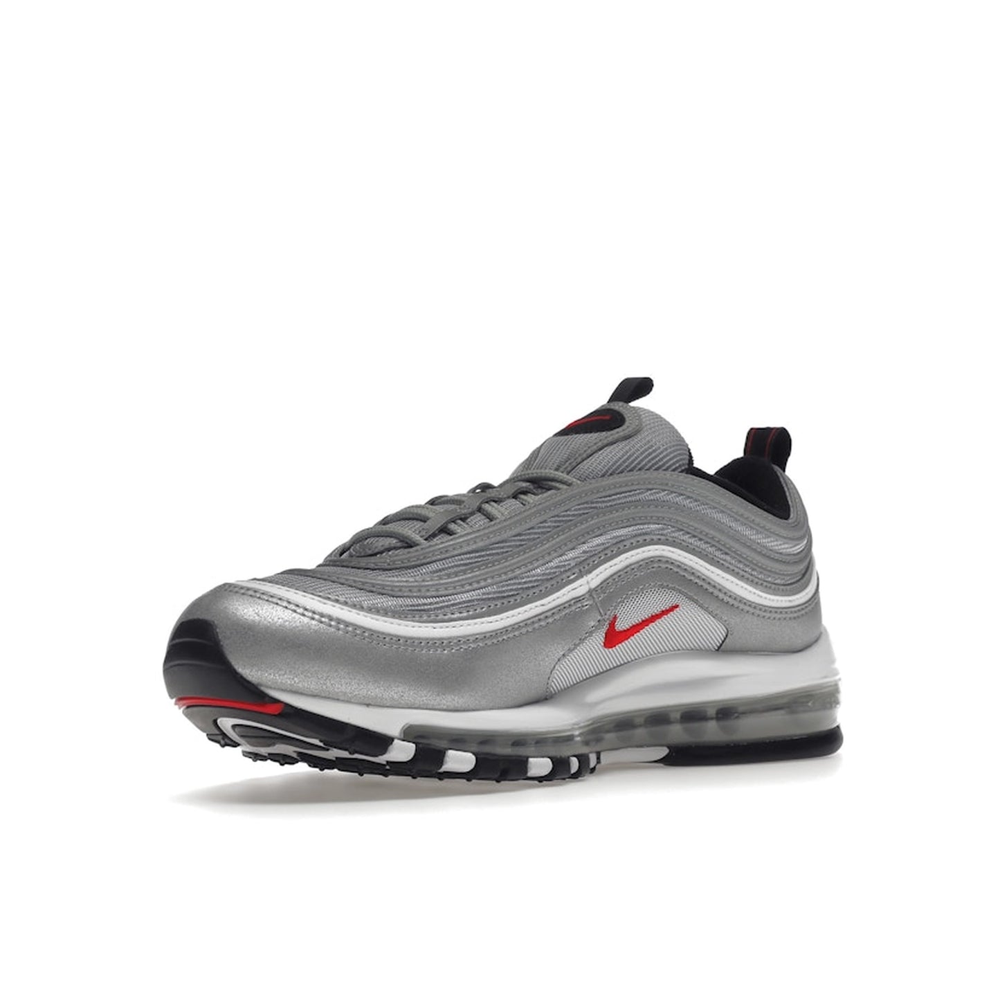 Nike Air Max 97 OG Silver Bullet 2022 sneakers, front view, model DM0028-002 in silver and red.