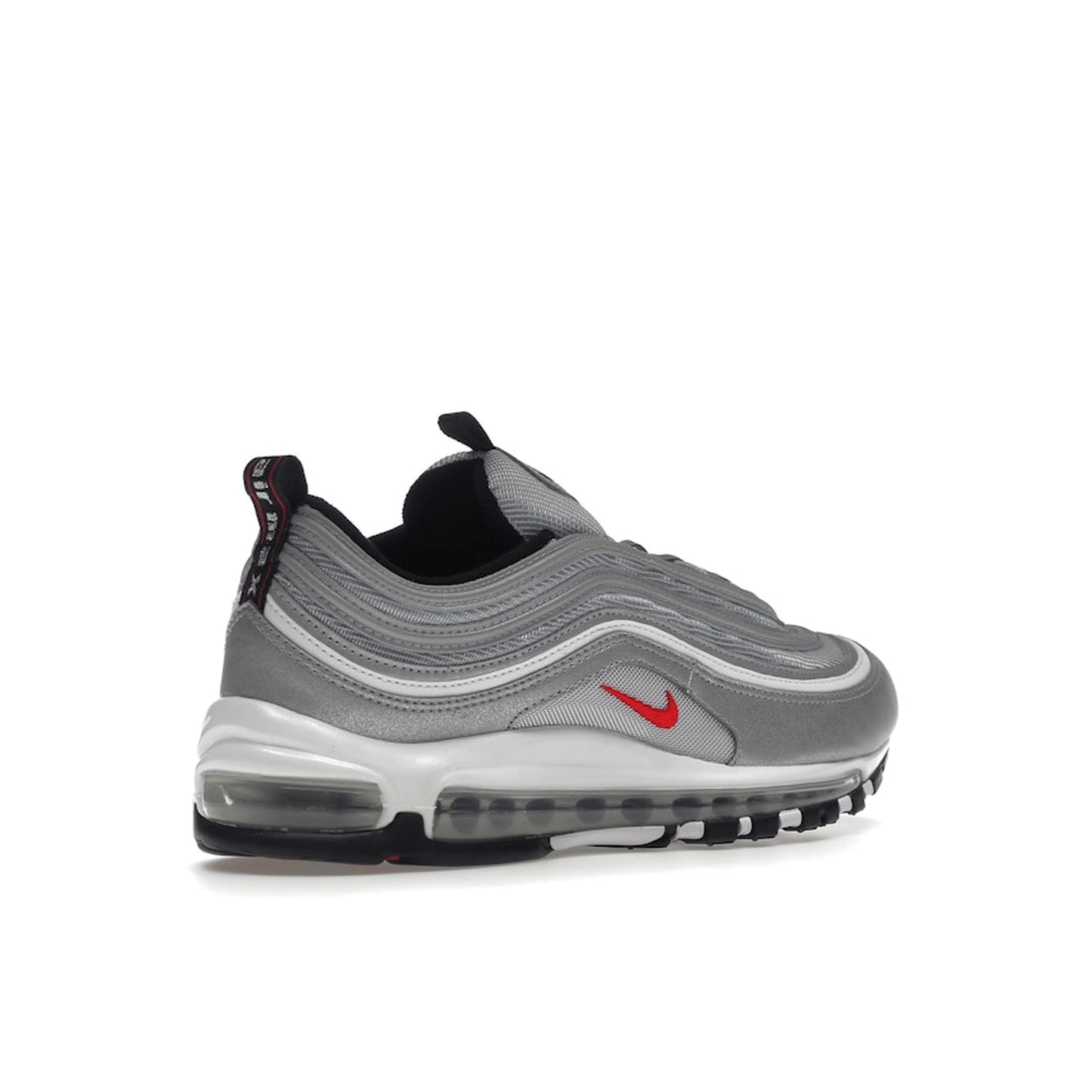 Nike Air Max 97 OG Silver Bullet 2022 sneakers, back view, model DM0028-002 in silver and red.