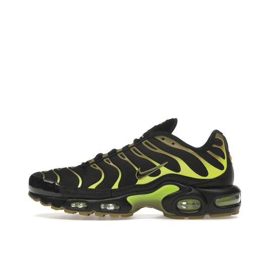 Nike Air Max Plus sneakers, side view, model DM0032-010, in black and olive green with pacific moss accents.