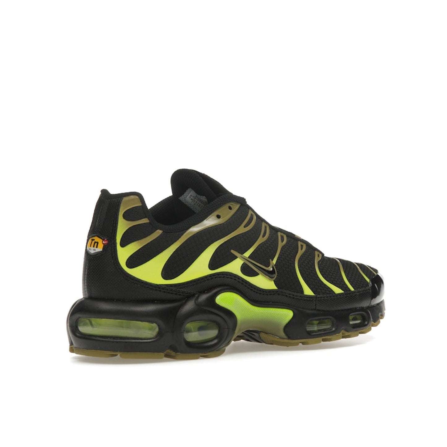 Nike Air Max Plus sneakers, back view, model DM0032-010, in black and olive green with pacific moss accents.